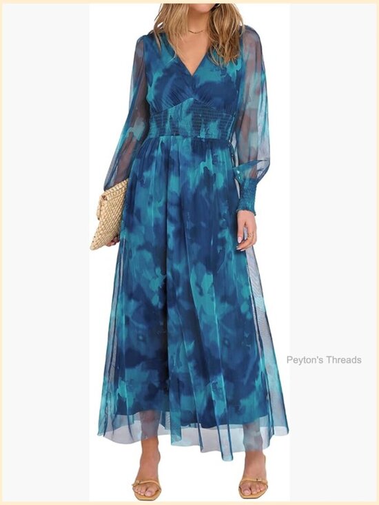 Dresses & Skirts - Floral Maxi Dress V Neck Puff Long Sleeve Flowy Casual Wedding Guest Tulle Dress